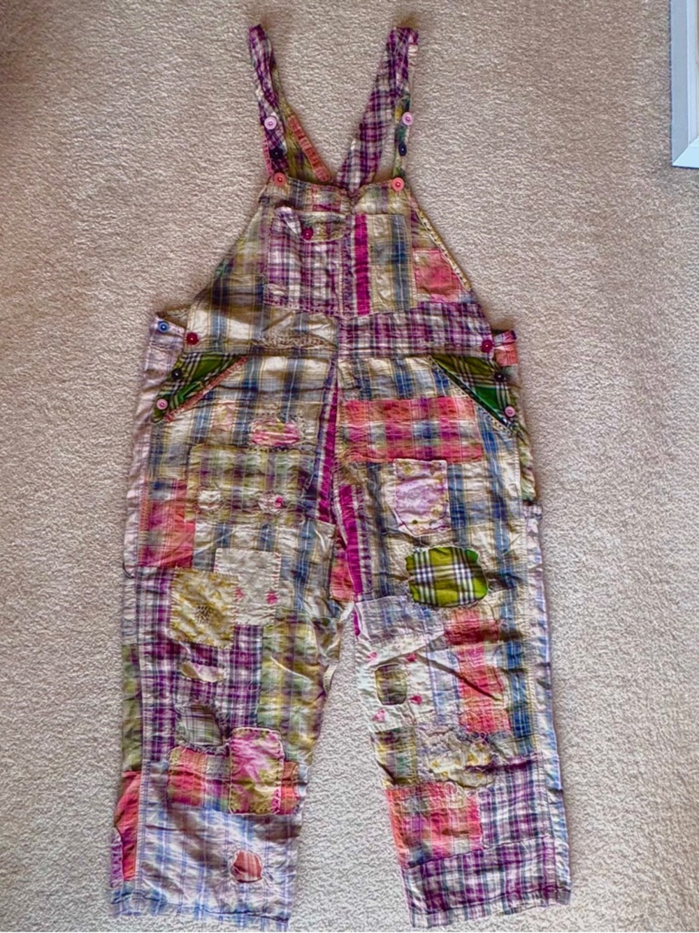 Magnolia Pearl Multicolor Patchwork Plaid Overalls - Pink, Green, Cream